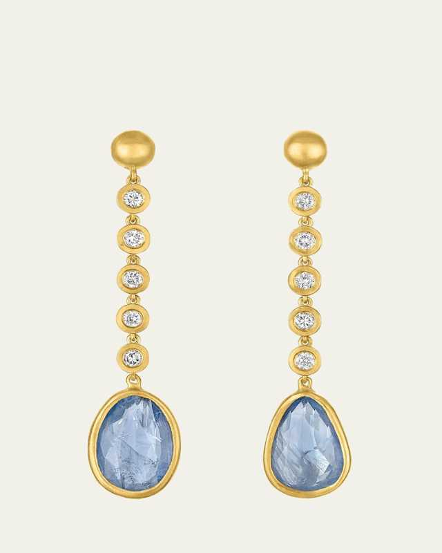 Diamond and Faceted Blue Sapphire Tear Chime Earrings